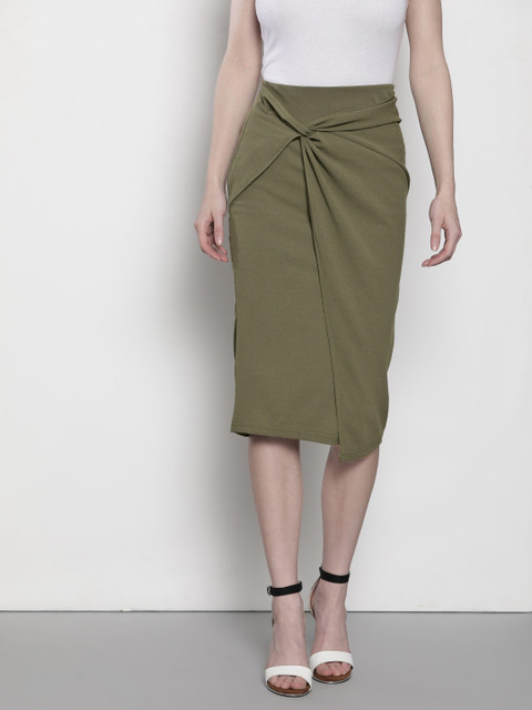 

DOROTHY PERKINS Women Olive Green Solid Layered Straight Skirt, Gold