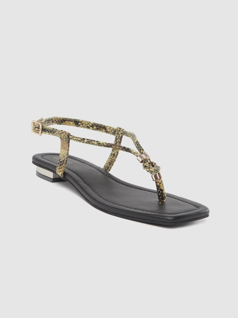 

CORSICA Women Mustard Yellow & Black Snakeskin Textured Open Toe Flats