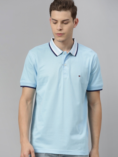 

Tommy Hilfiger Men Turquoise Blue Solid Plaited Polo Collar Pure Cotton T-shirt