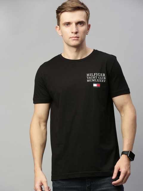 

Tommy Hilfiger Men Black Solid Round Neck T-shirt with Printed Detail