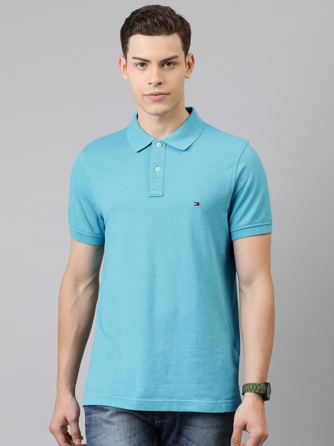 

Tommy Hilfiger Men Turquoise Blue Solid Slim Fit Polo Collar T-shirt