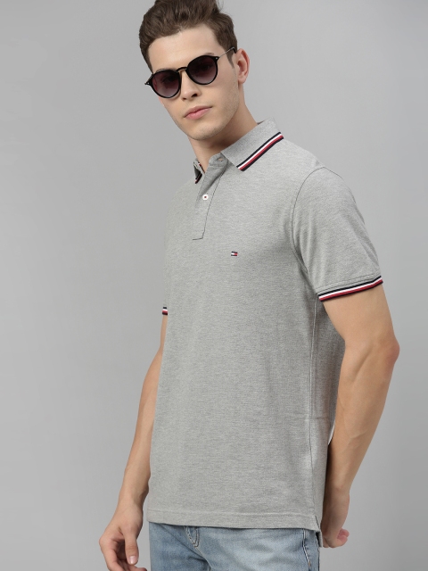 

Tommy Hilfiger Men Grey Slim Fit Solid Polo Collar T-shirt with Striped Detail