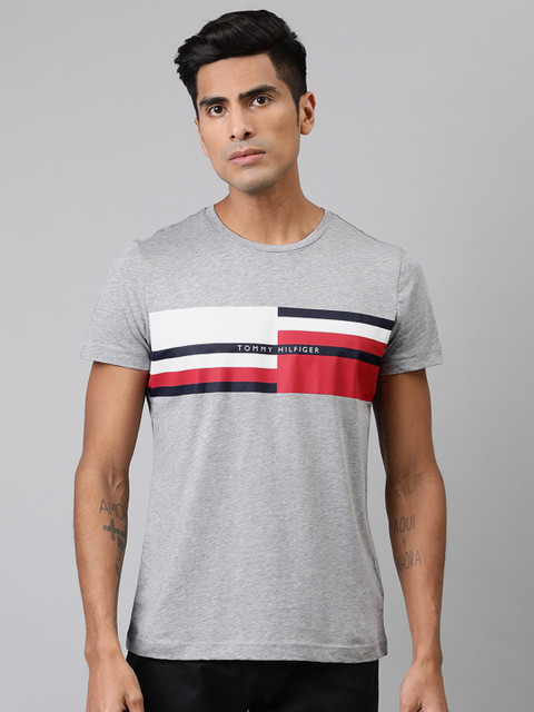 

Tommy Hilfiger Men Grey & White Striped Round Neck T-shirt