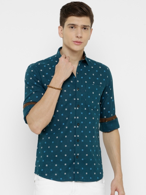 

CAVALLO by Linen Club Men Cotton Linen Teal Blue & White Regular Fit Printed Sustainable Casual Shirt