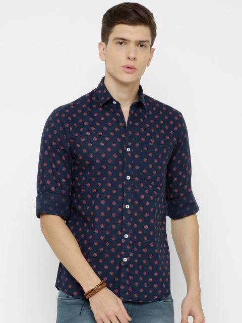 

CAVALLO by Linen Club Men Cotton Linen Navy Blue & Pink Regular Fit Printed Sustainable Casual Shirt