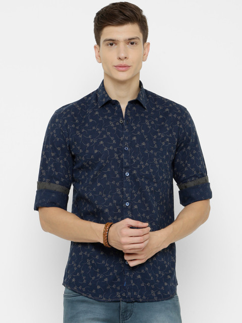 

CAVALLO by Linen Club Men Cotton Linen Navy Blue & Grey Regular Fit Printed Sustainable Casual Shirt