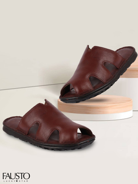 

FAUSTO Men Tan Brown Genuine Leather Comfort Sandals