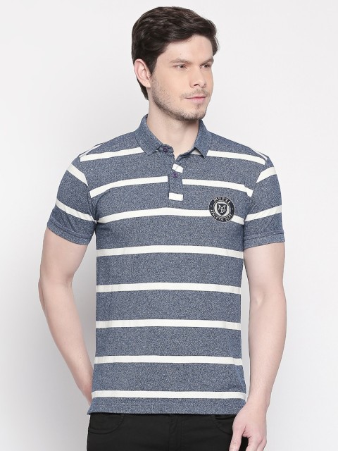 

Mufti Men Blue & White Striped Polo Collar T-shirt