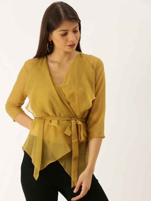 

MABISH by Sonal Jain Women Olive Green Solid Sheer Ruffled Wrap Top
