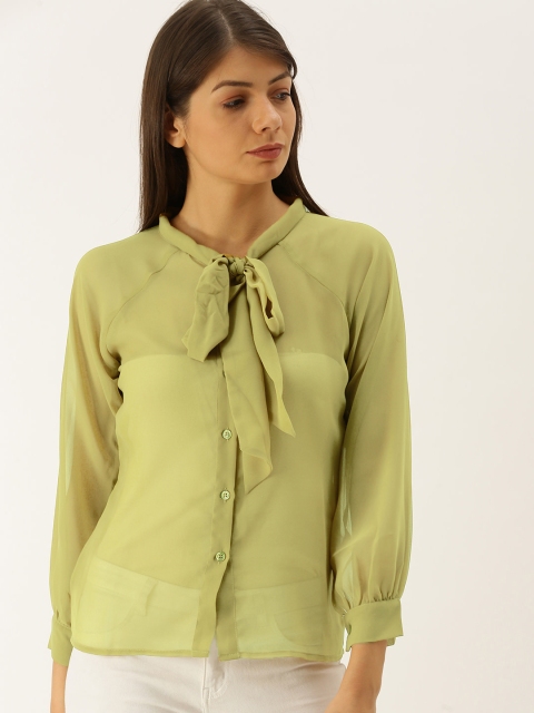 

MABISH by Sonal Jain Women Olive Green Yellow Solid Tie-Up Neck Sheer Top