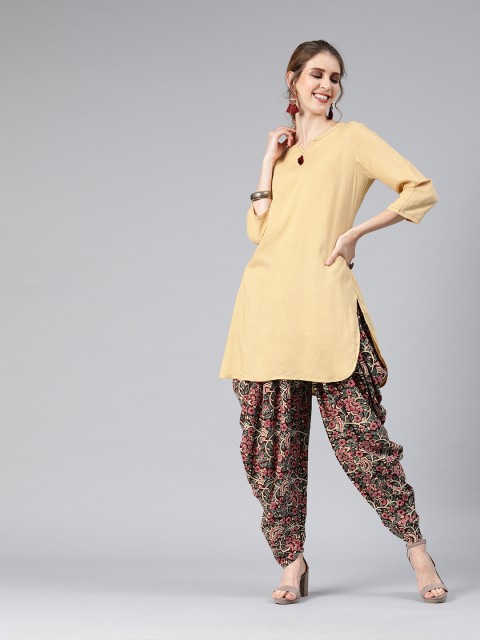 

Mitera Beige Solid Rayon Kurta with hand block printed Dhoti