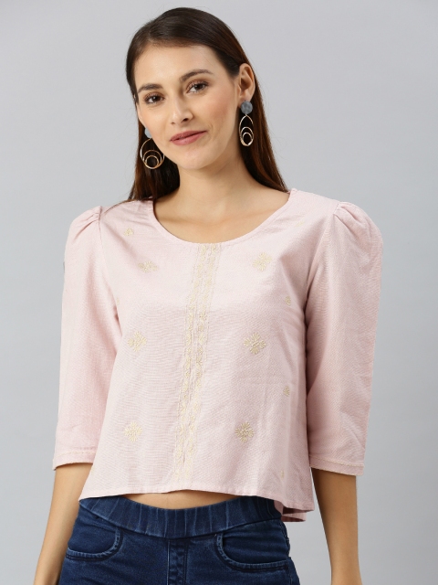 

SCOUP Women Pink Embroidered Cropped Pure Cotton Top