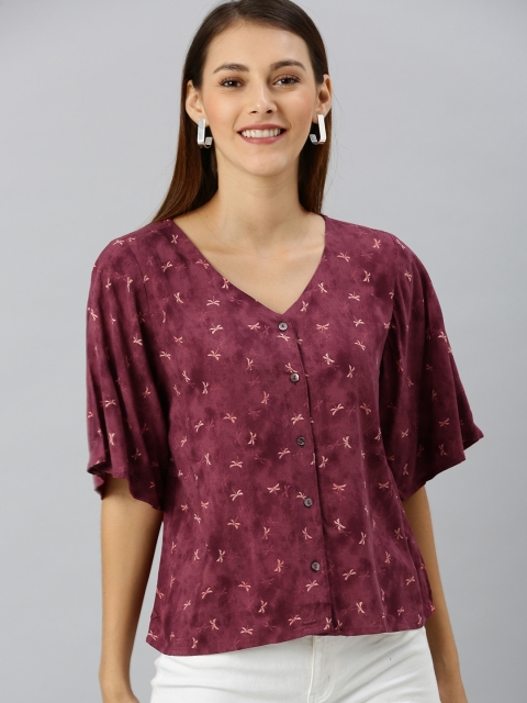 

SCOUP Women Maroon & Beige Floral Printed Top With Flared Sleeves