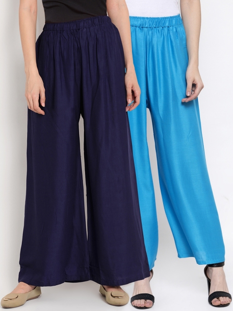 

TAG 7 Women Pack Of 2 Solid Flared Palazzos, Blue