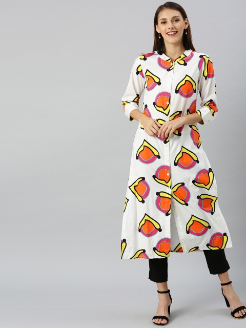 

AKS Womens White and Orange Printed Kurta