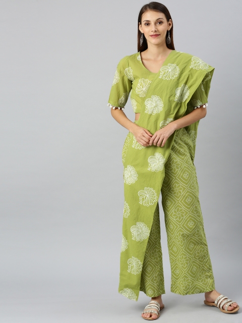 

AKS Womens Green and White Bandhani Printed Palazzo Saree Design with Blouse