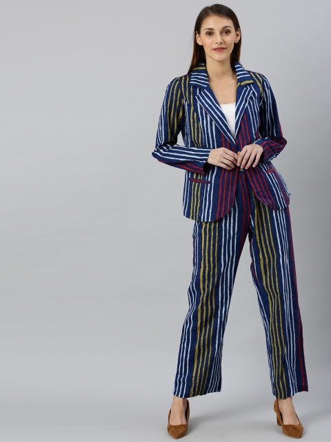 

AKS Women Navy Blue & White Striped Coat with Palazzos
