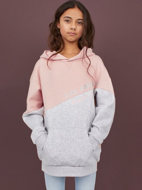 

H&M Girls Pink & Grey Colourblocked Oversized hooded top