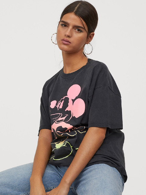 

H&M Women Black Mickey Mouse Printed T-Shirt