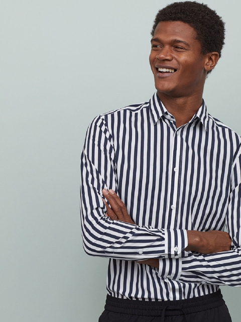 

H&M Men White & Navy Blue Striped Easy-Iron Shirt Slim Fit