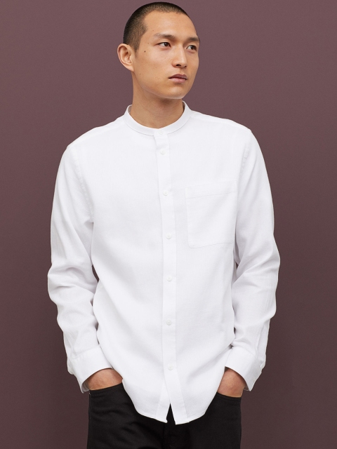 

H&M Men White Solid Grandad Shirt Regular Fit