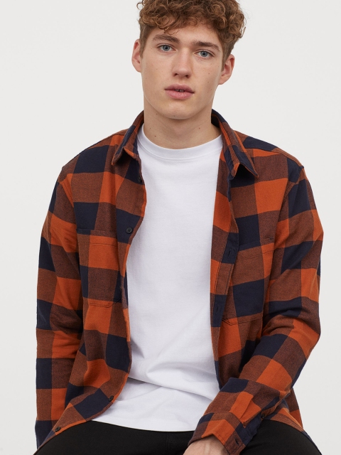 

H&M Men Orange & Navy Blue Checked Cotton Flannel Shirt