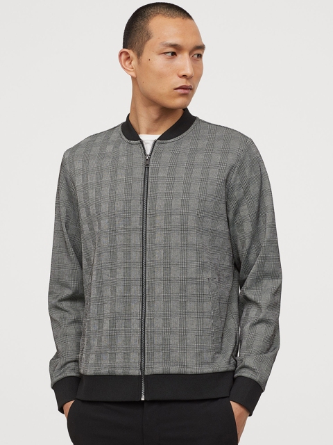 

H&M Men Grey & White Checked Zip-Up Cardigan