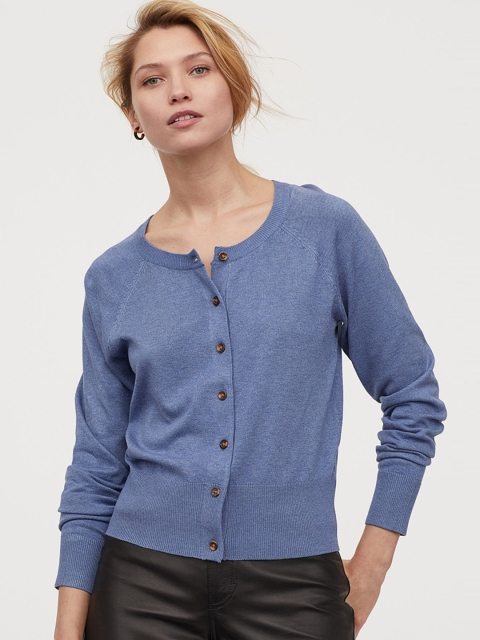 

H&M Women Blue Solid Fine-Knit Cardigan