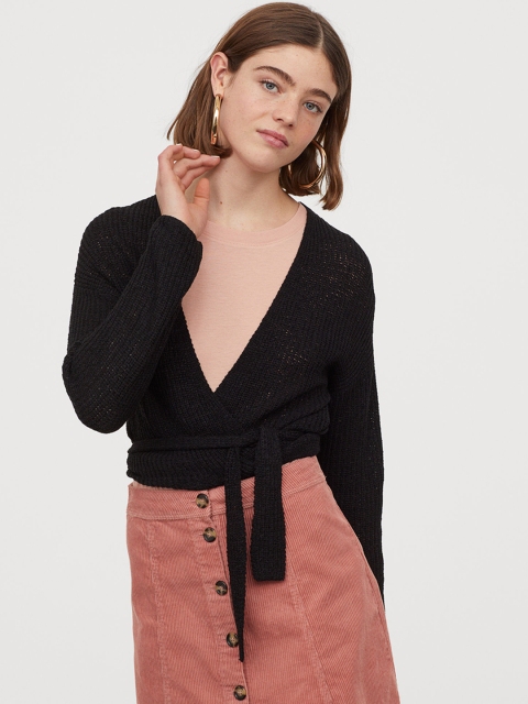 

H&M Women Black Short wrapover cardigan