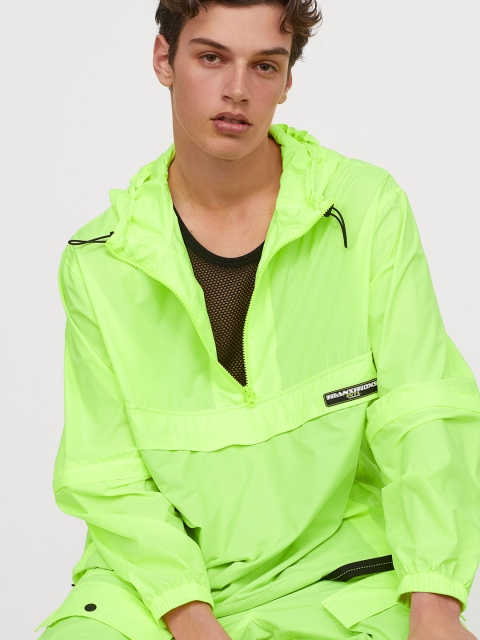 

H&M Men Lime Yellow Hooded Popover Jacket, Lime green