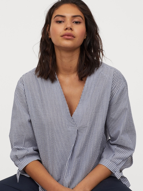 

H&M Women Blue & White V-Neck Blouse