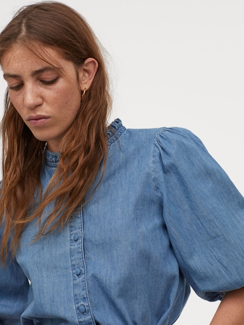 

H&M Women Blue Balloon-Sleeved Denim Blouse