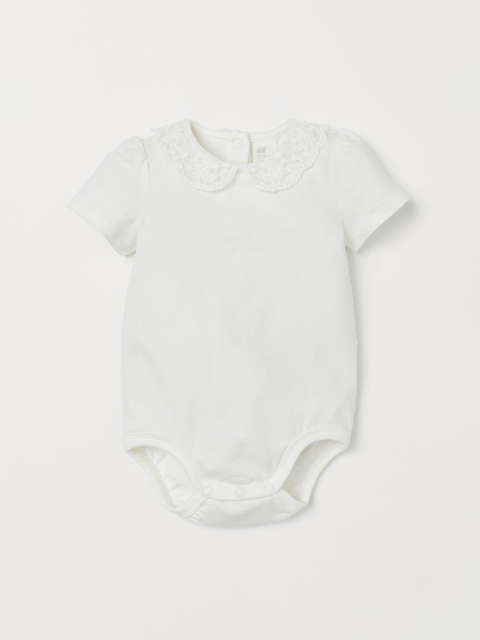

H&M Girls White Solid Lace-Collared Bodysuit