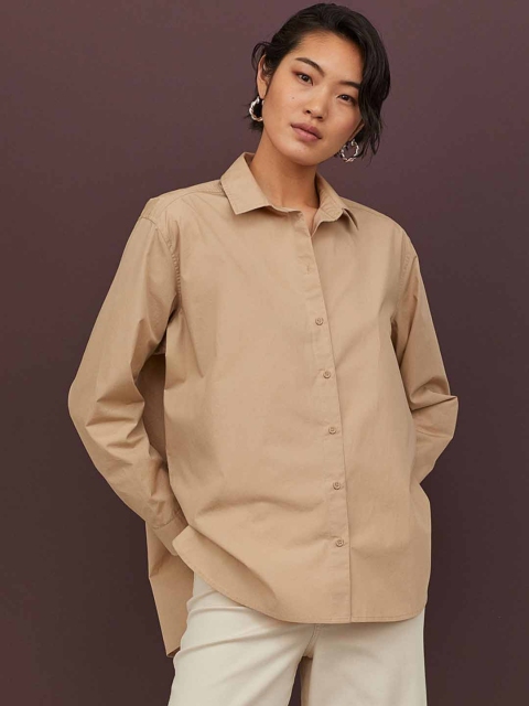 

H&M Women Beige Solid Cotton Shirt