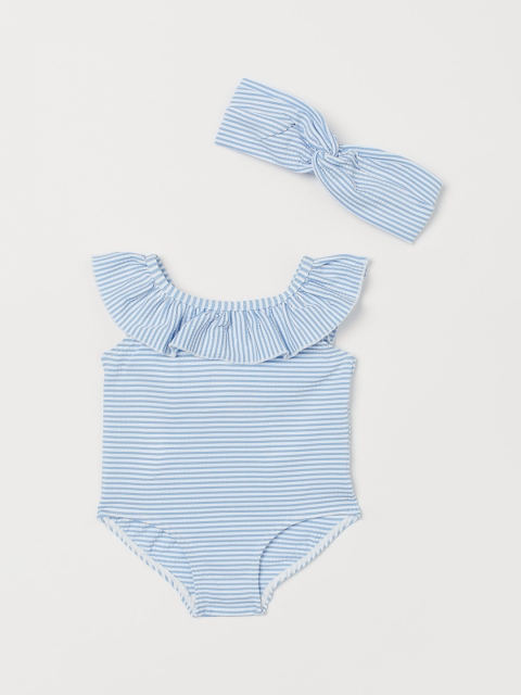 

H&M Girls Blue Striped Swimsuit and hairband