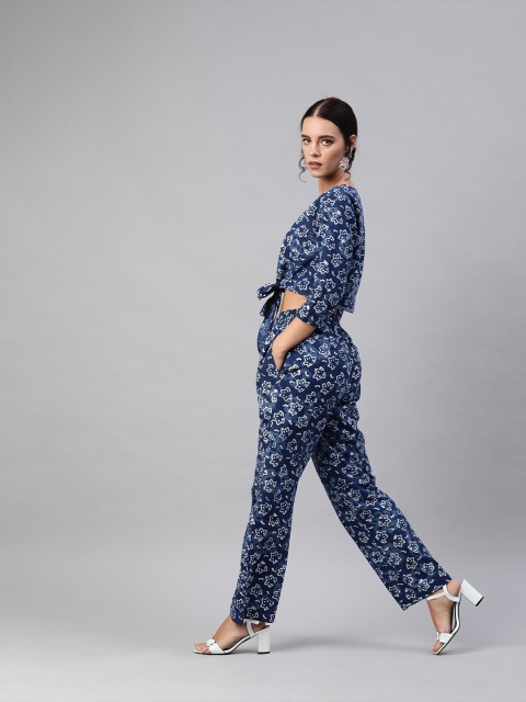 

AKS Women Blue & White Printed Two-Piece Jumpsuit with Tie-Ups