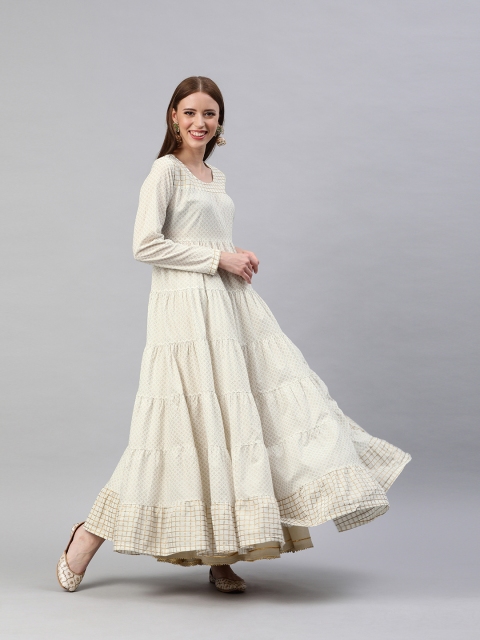 

AKS Women Cream-Coloured & Golden Printed Tiered Anarkali Kurta