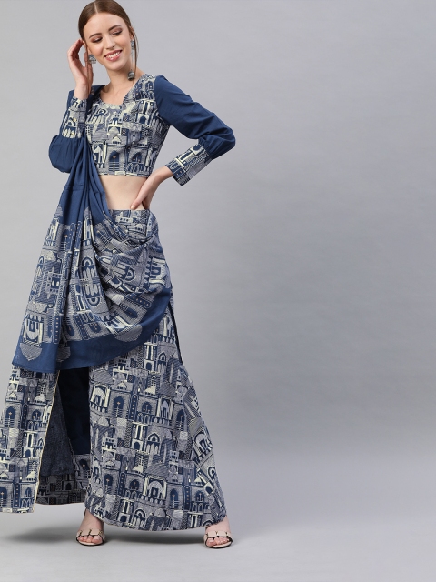 

AKS Navy Blue & Off-White Printed Ready to Wear Lehenga & Blouse with Dupatta