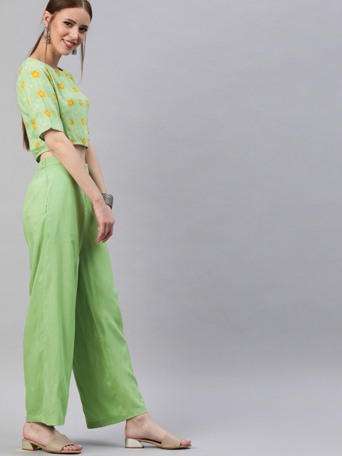 

AKS Women Green & Mustard Yellow Printed Cropped Top with Palazzos