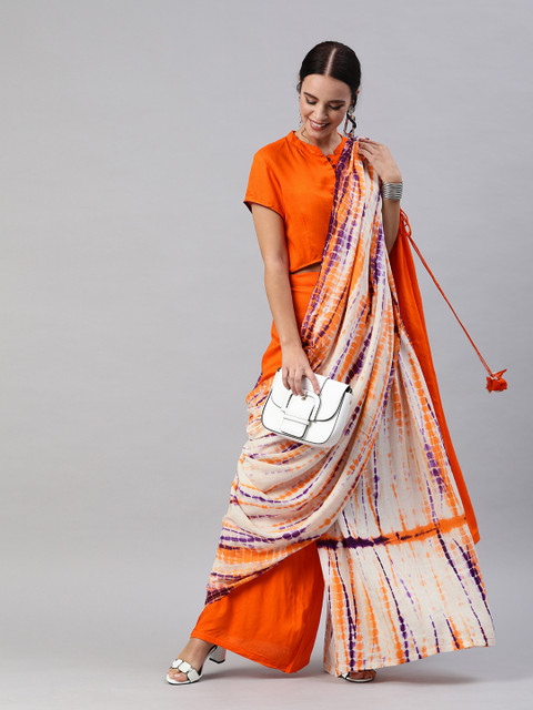 

AKS Orange & White Viscose Rayon Shibori Dyed Palazzo Saree