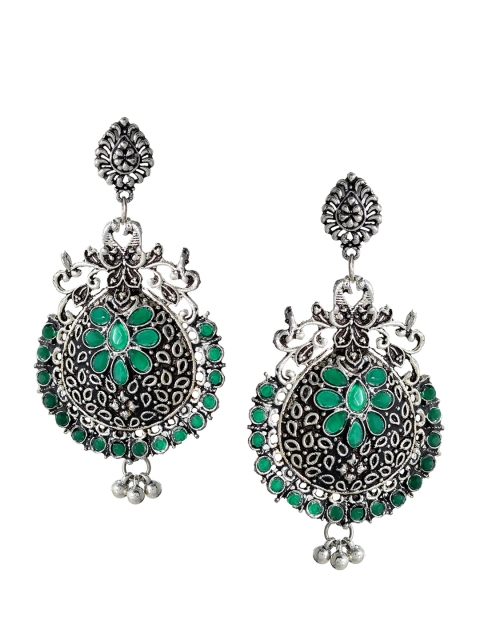

Silvermerc Designs Silver-Plated & Green Peacock Shaped Drop Earrings