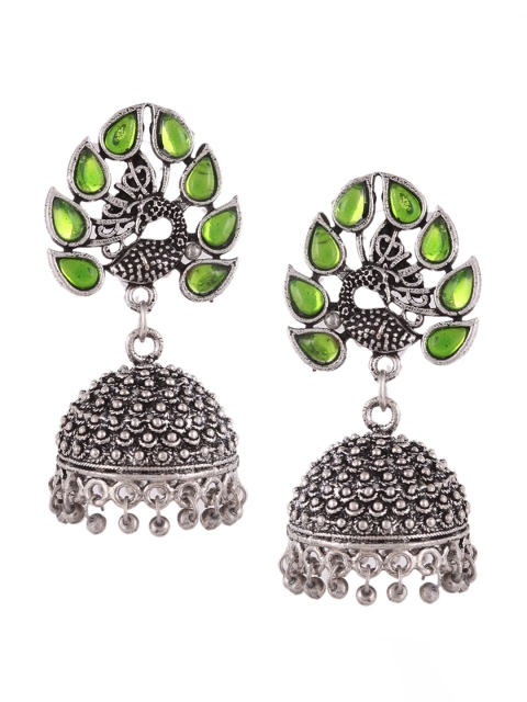 

Silvermerc Designs Green & Silver-Plated Dome Shaped Jhumkas