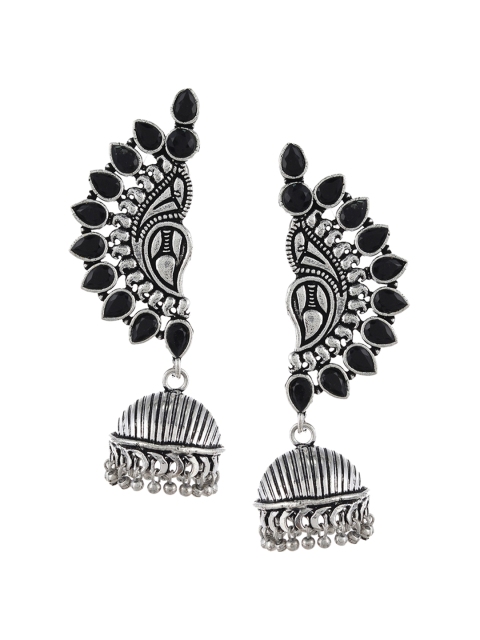 

Silvermerc Designs Silver-Plated & Black Leaf Shaped Jhumkas