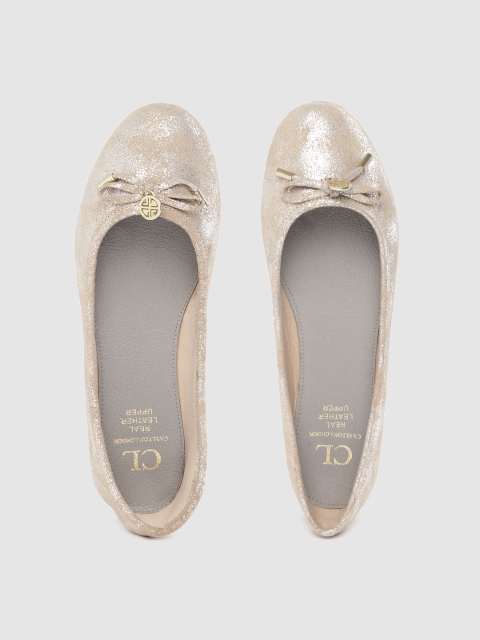 

Carlton London Women Beige & Gold-Toned Shimmer Leather Ballerinas with Bow Detail