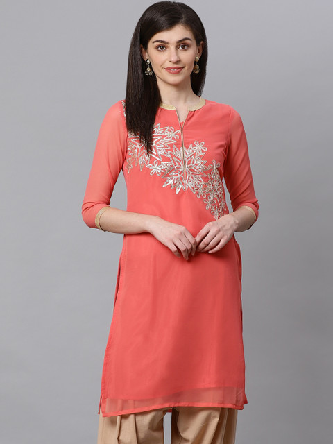 

Kifahari Women Coral Orange Solid Straight Kurta With Gotta Patti Detail