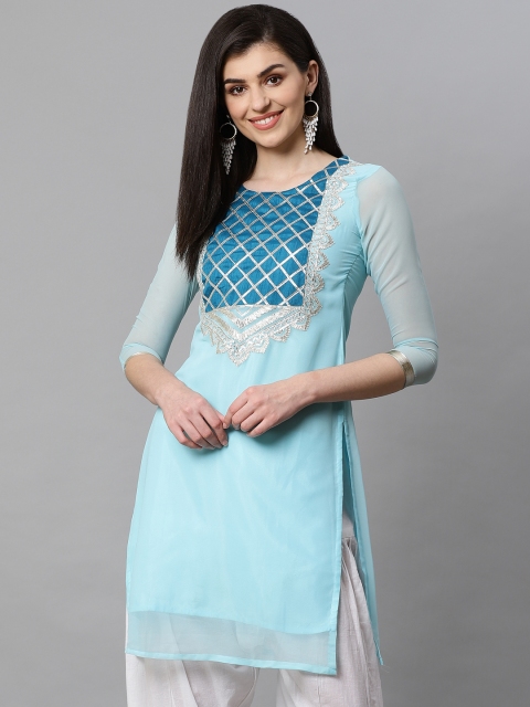 

Kifahari Women Blue Yoke Design Straight Kurta With Gotta Patti Detail