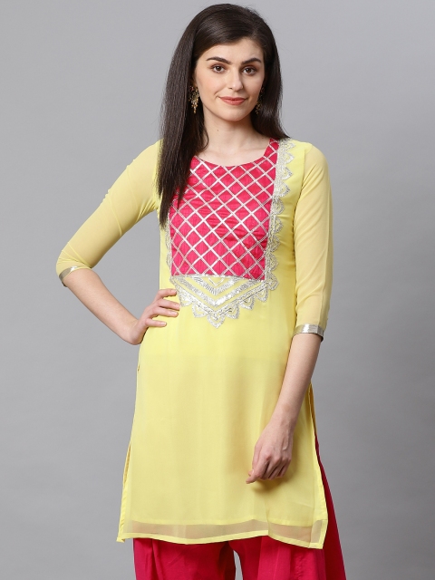 

Kifahari Women Yellow & Pink Yoke Design Straight Kurta With Gotta Patti Detail
