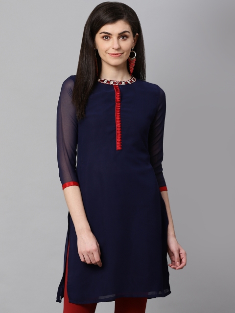

Kifahari Women Navy Blue Embroidered Straight Kurta