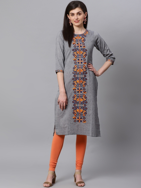 

Kifahari Women Grey Mirror Work Embroidered Straight Kurta