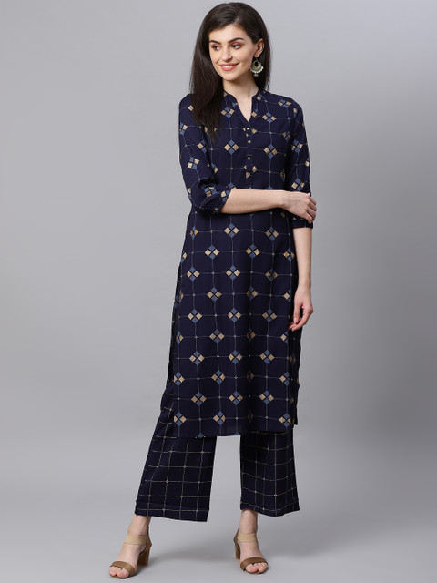 

Kifahari Women Navy Blue & Golden Block Print Slim Fit Kurta with Palazzos